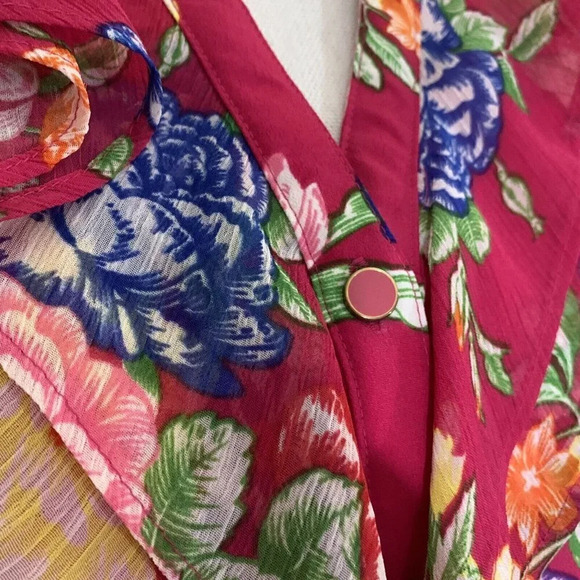 Elementz Pink Sheer Floral Top Women's Button Up Ruffles - Picture 5 of 11